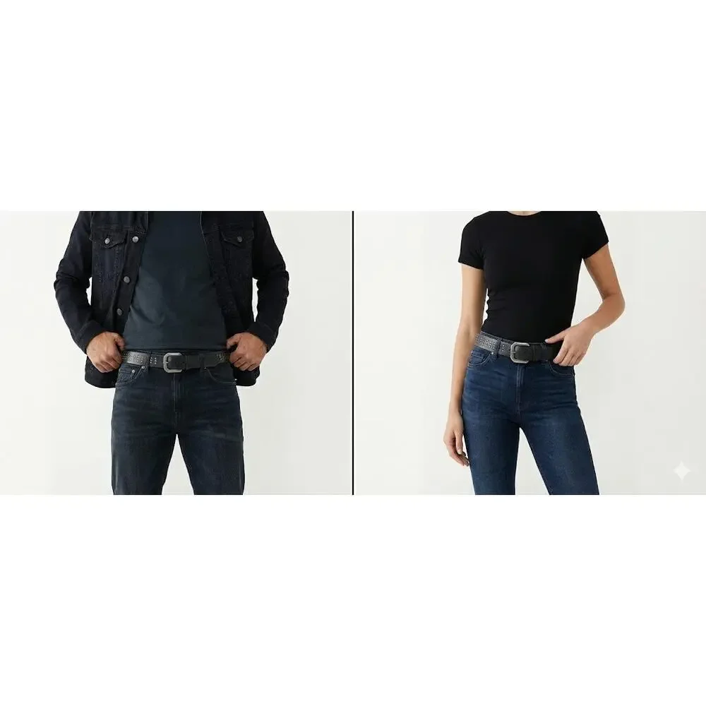 Belt Leather Waist 37-41 Black True Religion Studded Large Metal Buckle Unisex